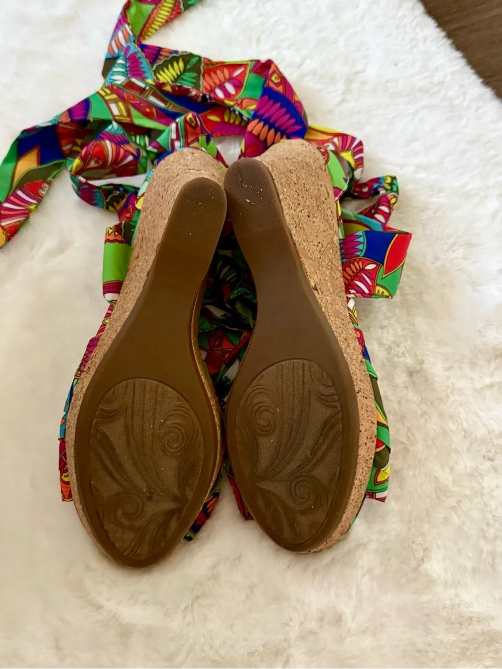 Colorful Tie-Wrap Cork Wedge Sandals - Women's Green Multicolor